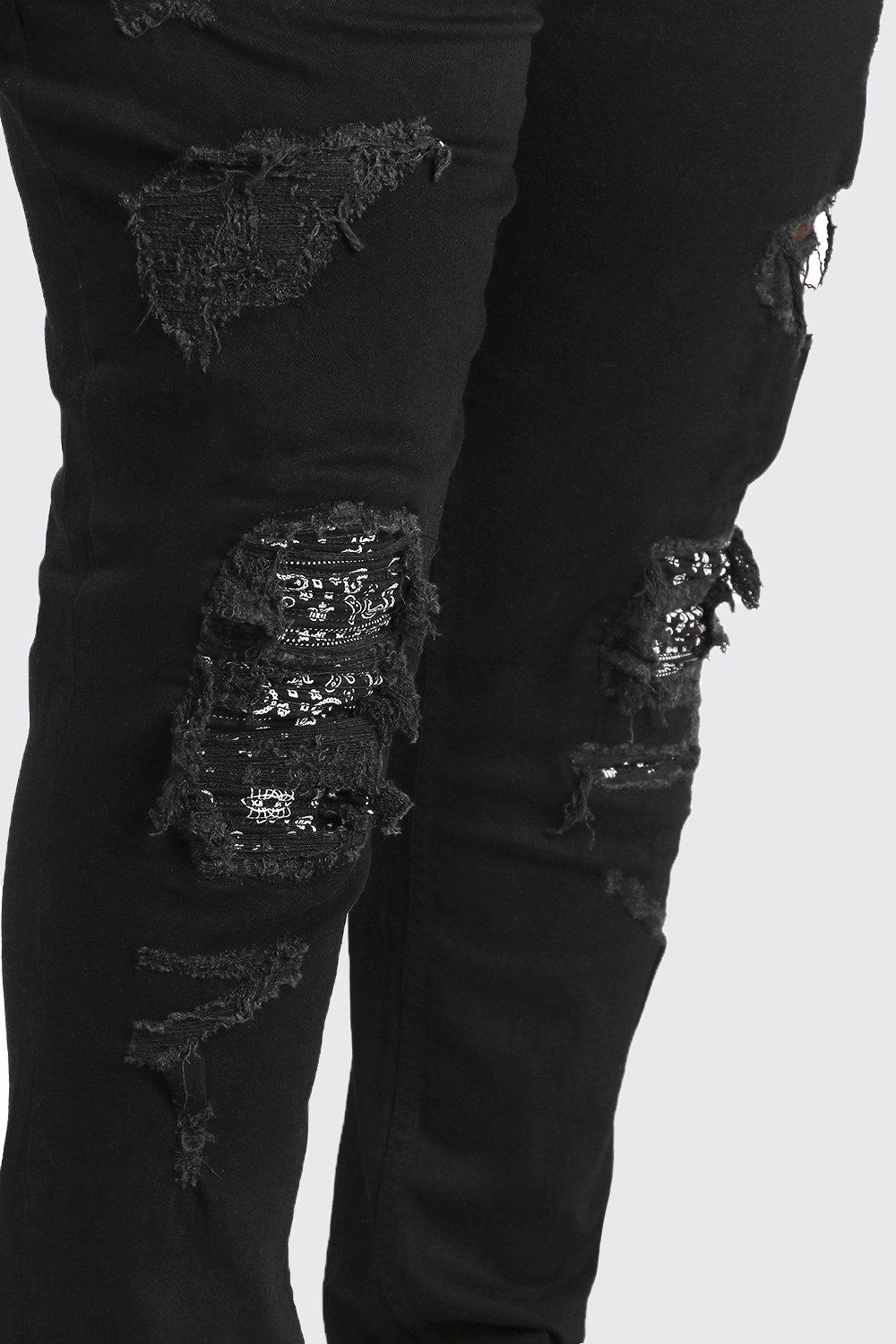 Big Tall Super Skinny Biker Jeans Mit Bandana Print Boohoo