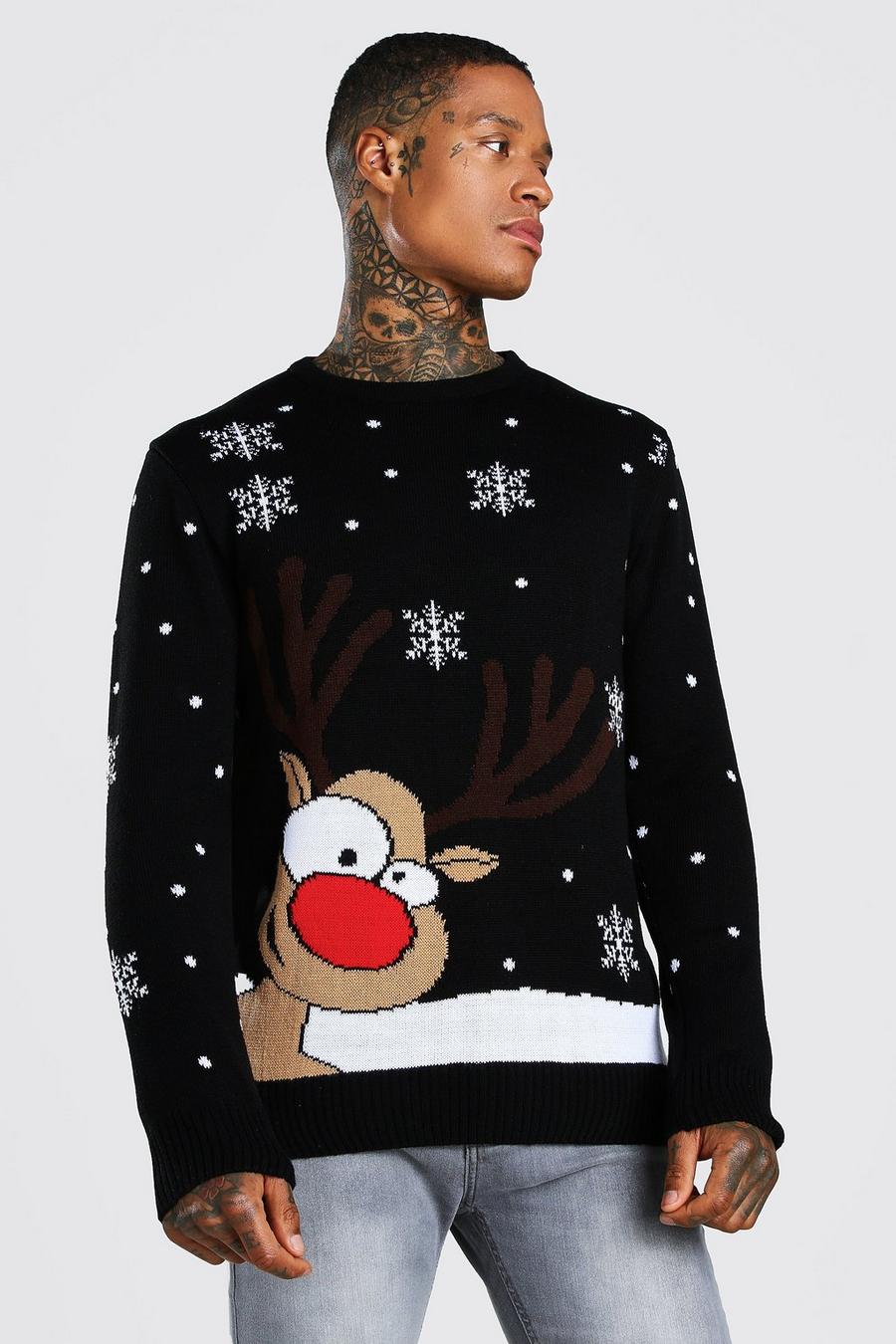 שחור סוודר חג המולד סרוג עם אייל הצפון ופתיתי שלג image number 1