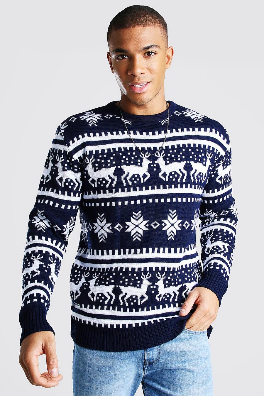 Navy Reindeer Fair Isle Christmas Sweater image number 1