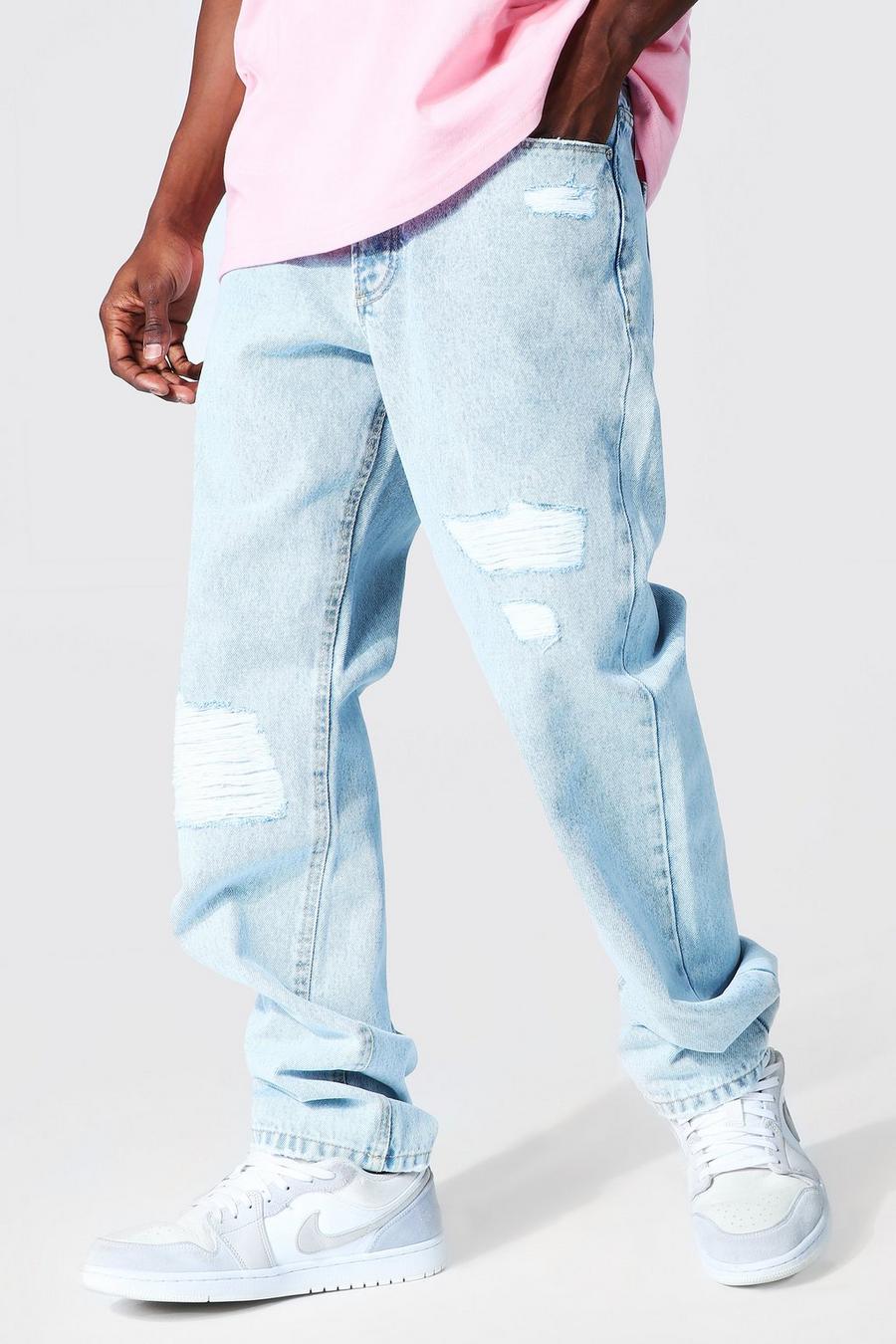 Ice blue Slitna jeans med lagningar och ledig passform image number 1
