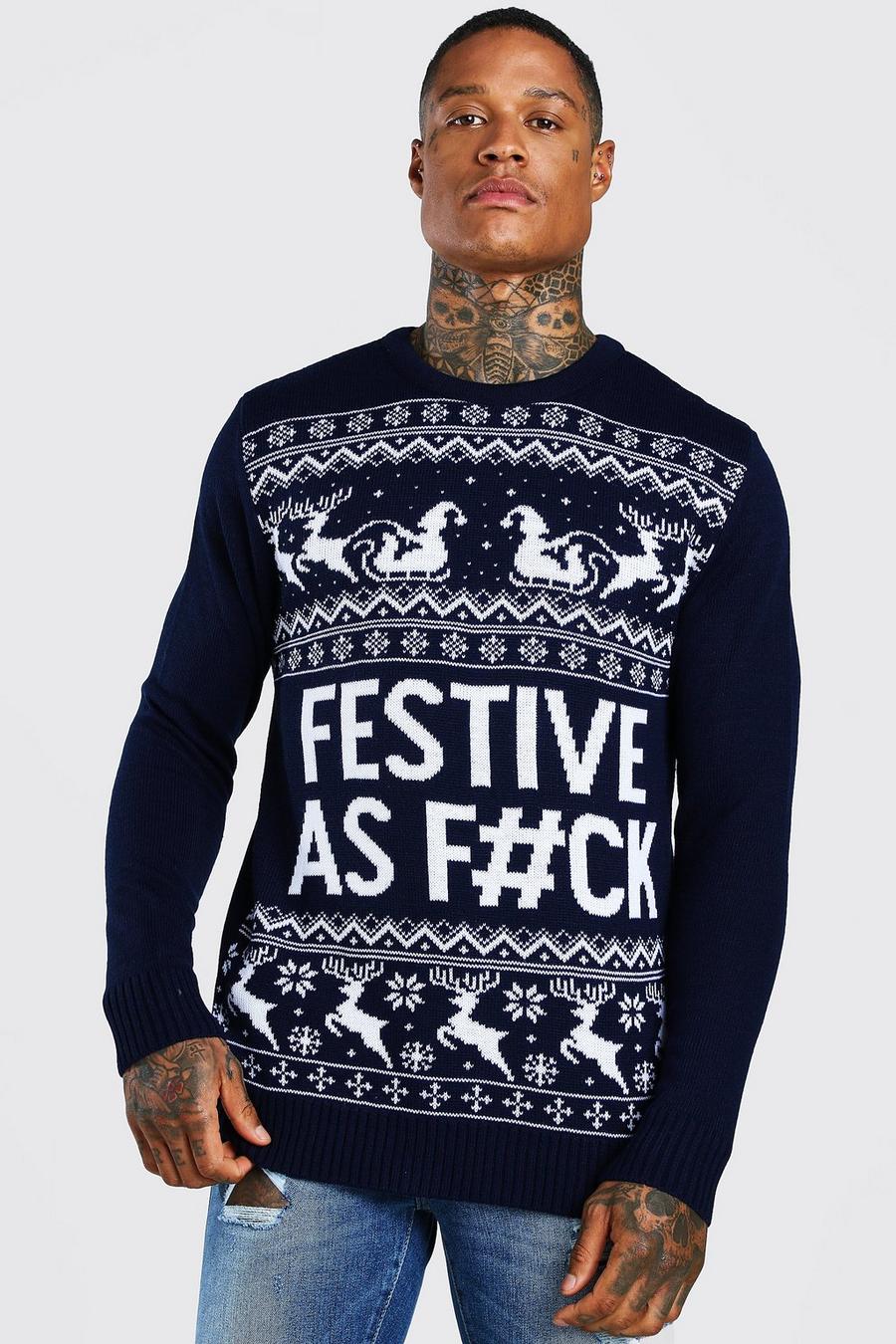 Navy blu oltremare Festive Slogan Knitted Christmas Jumper image number 1