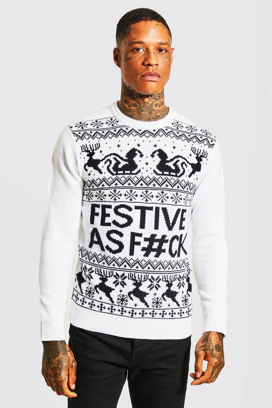 White Festive Slogan Knitted Christmas Sweater image number 1