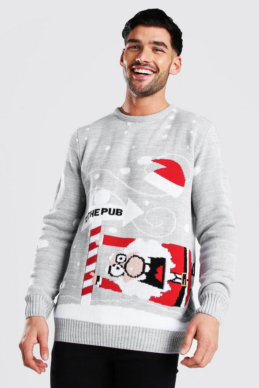 Pullover natalizio a maglia con scritta “To the pub”, Grigio image number 1