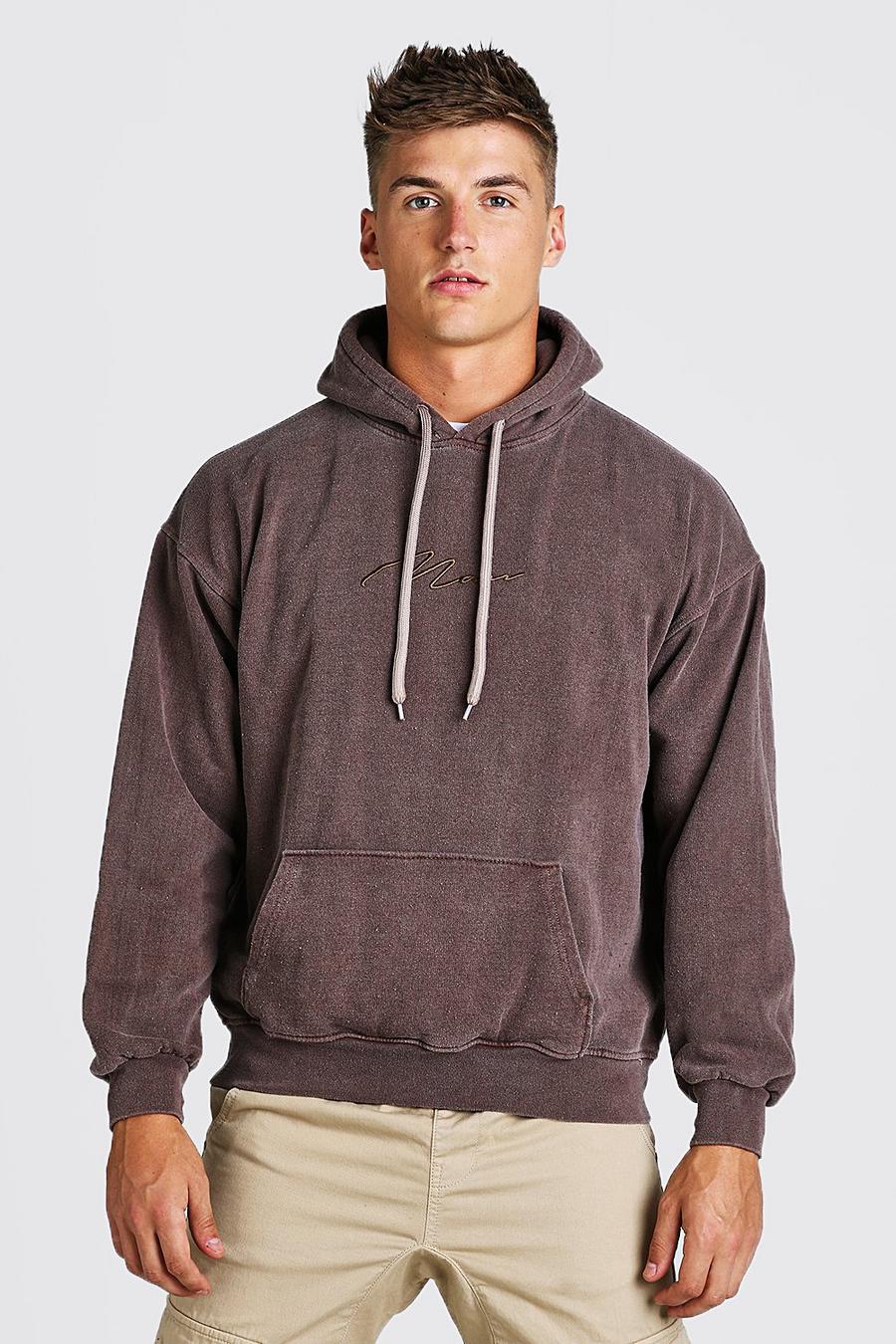 Brown Man Signature Oversize melerad hoodie med överfärgad effekt image number 1