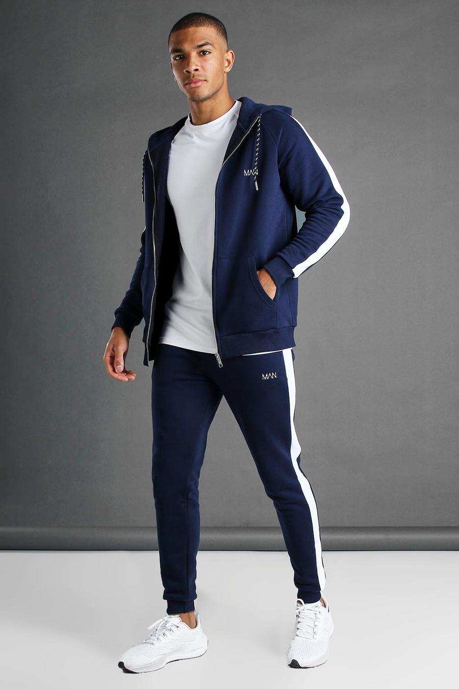 Navy MAN Muscle Fit Hooded Detail Tracksuit image number 1