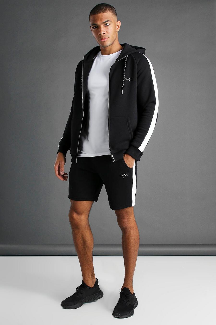 Black MAN Träningsoverall i muscle fit med shorts och huva image number 1