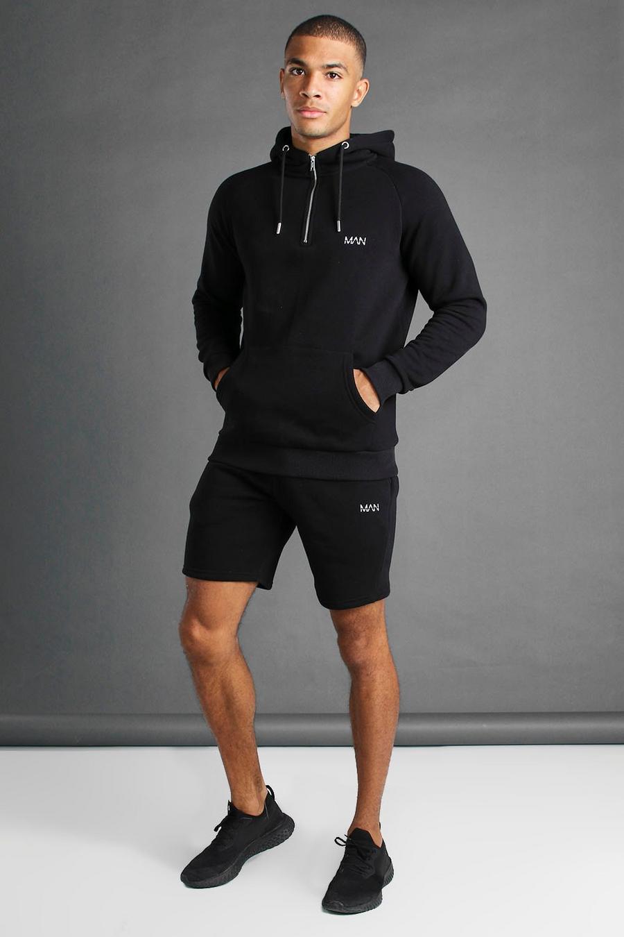 Black MAN Active Träningsoverall med shorts och tröja med kort dragkedja image number 1