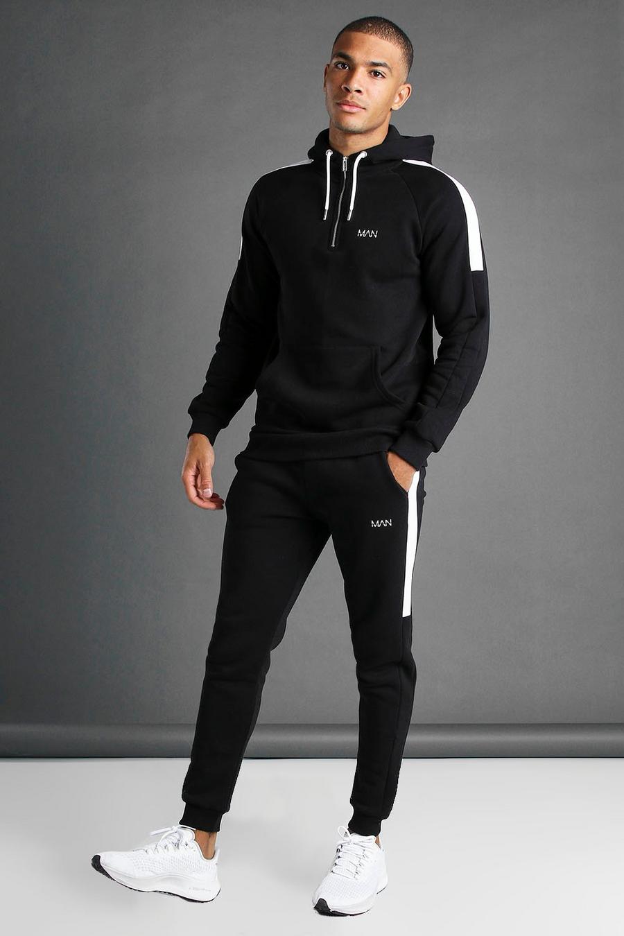 Black Active Gym Tapered 1/4 Zip Panelled Tracksuit image number 1