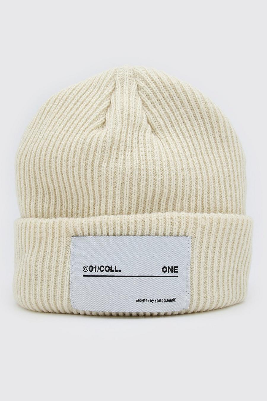 Beige MAN Woven Tab Beanie Hat image number 1