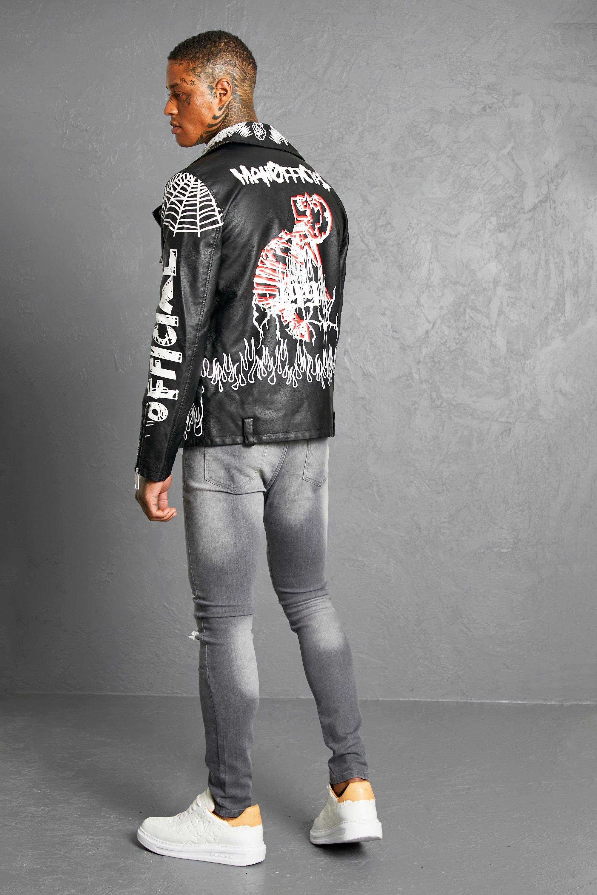 All Over Graffiti Biker Jacket | boohoo
