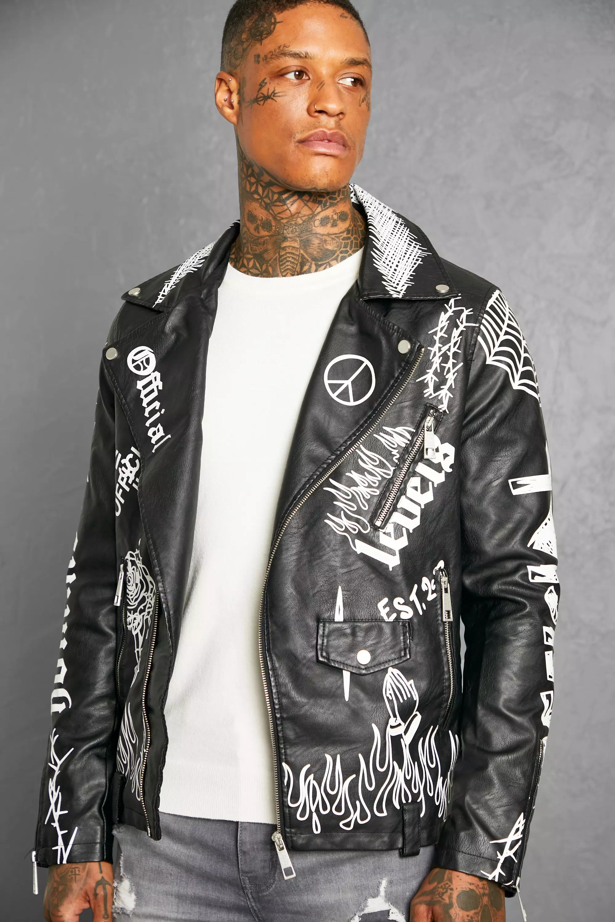 Graffiti leather moto on sale jacket