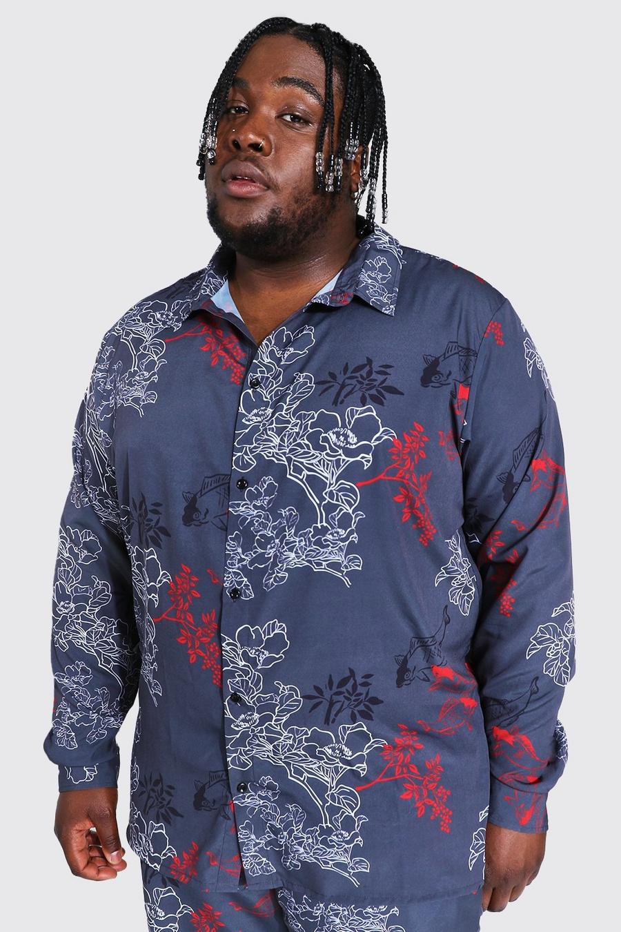 Black Plus Size Floral Print Long Sleeve Shirt image number 1