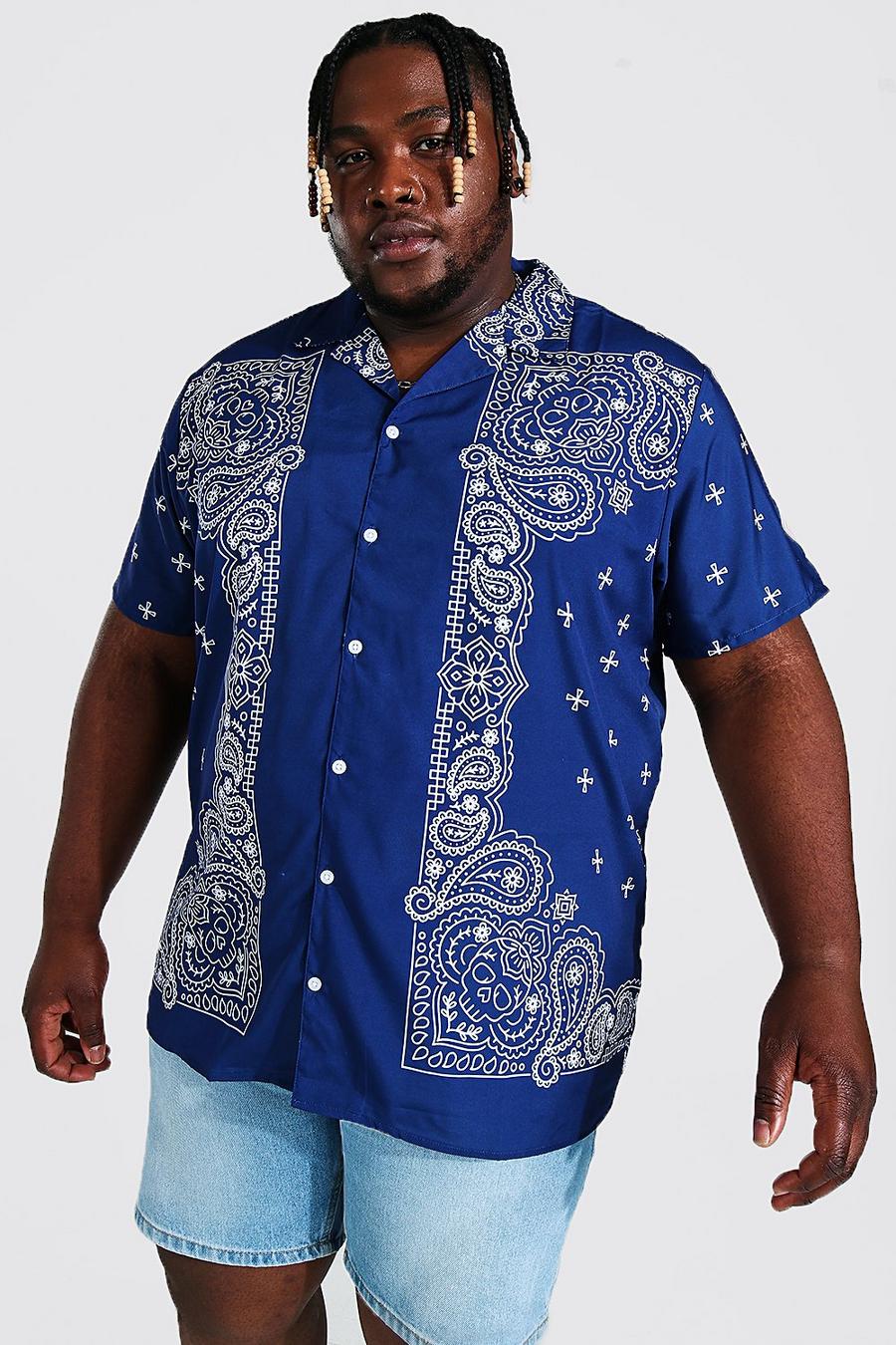 Navy Plus Size Short Sleeve Revere Bandana Shirt image number 1