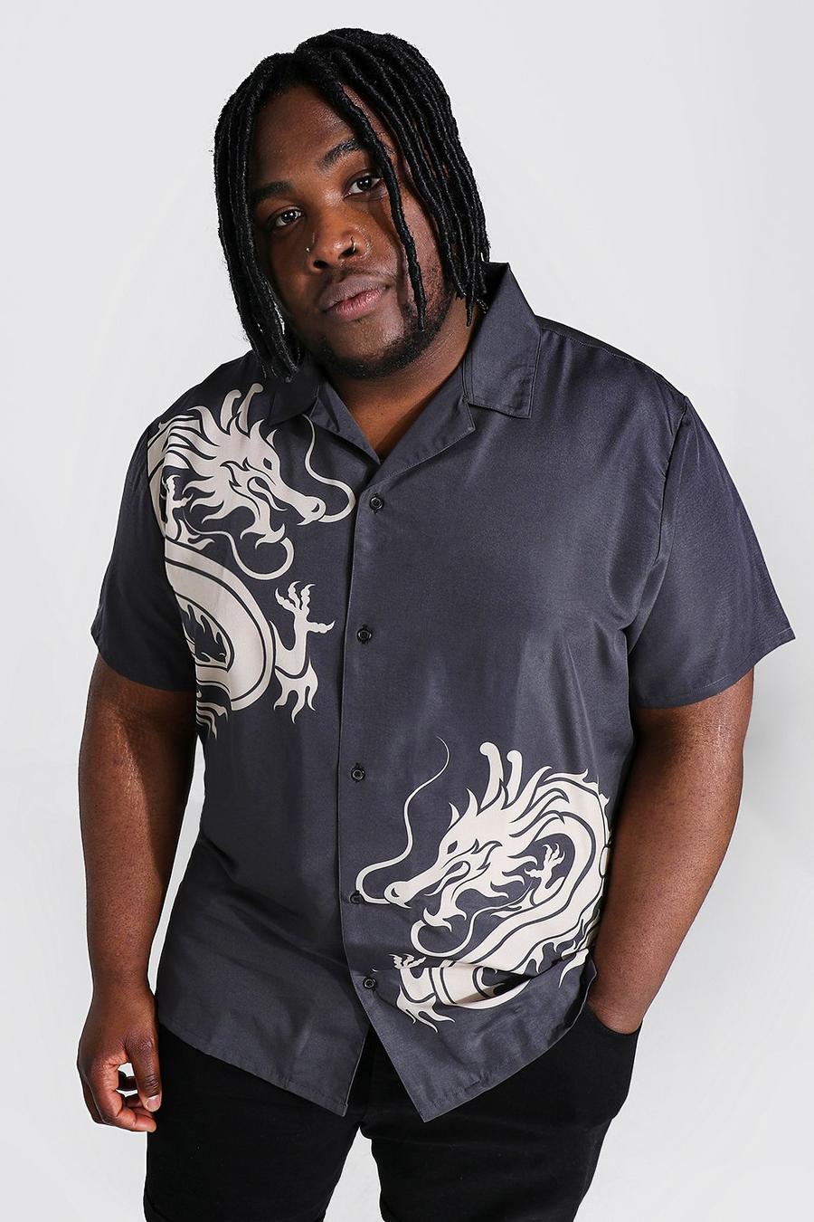 Black Plus Size Short Sleeve Revere Dragon Shirt image number 1