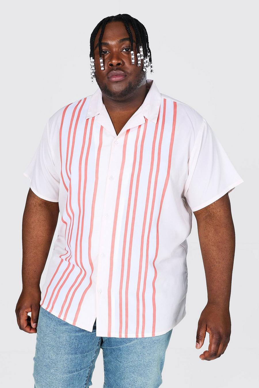 White Plus Size Short Sleeve Revere Stripe Shirt image number 1