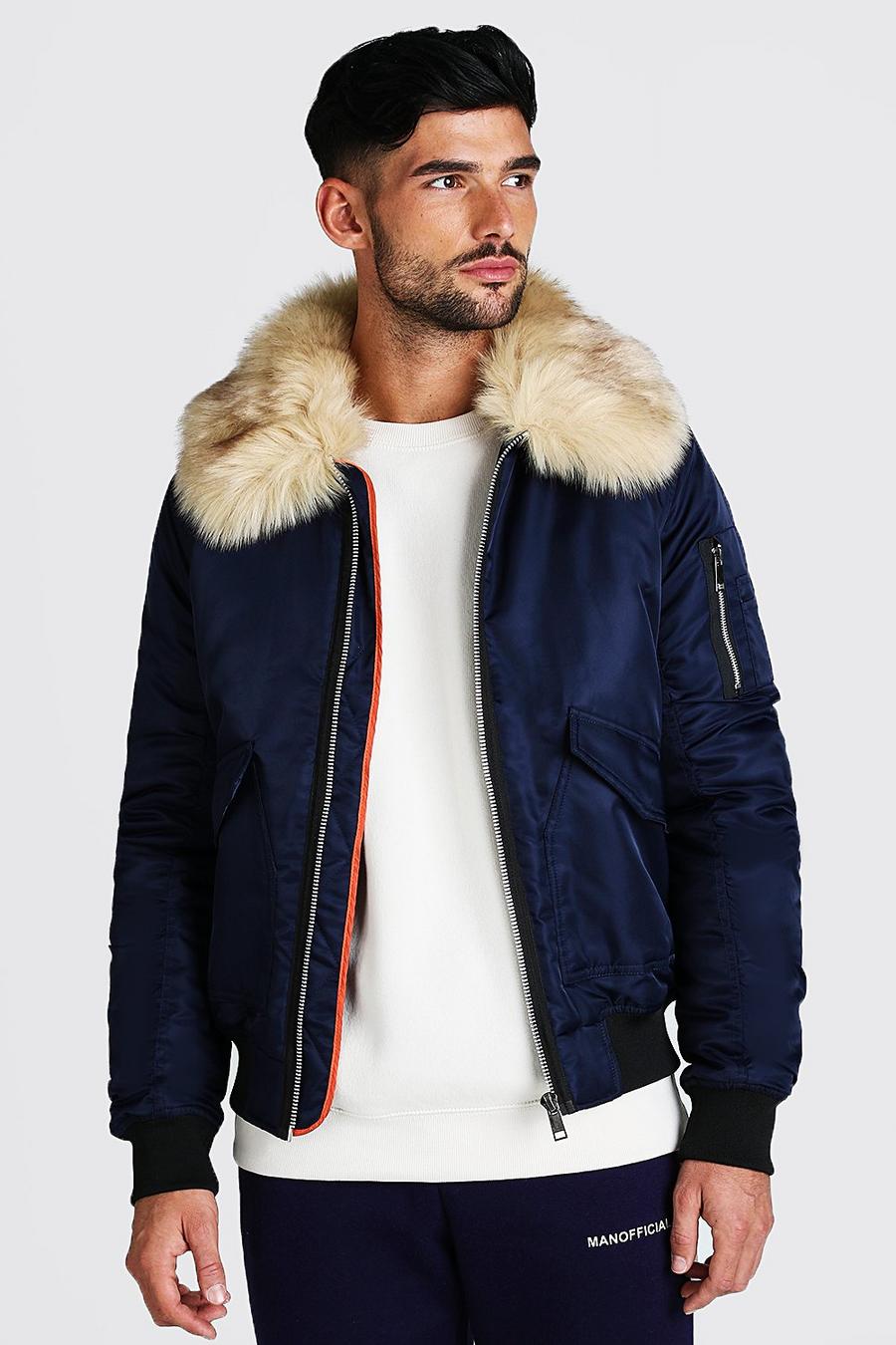 Navy Padded MA1 Bomber With Faux Fur Collar image number 1