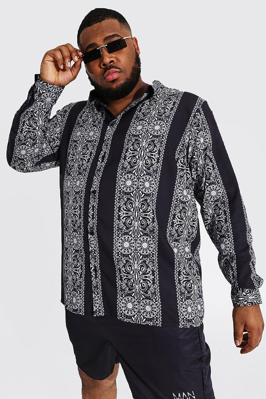 Black Plus Size Baroque Spliced Long Sleeve Shirt image number 1