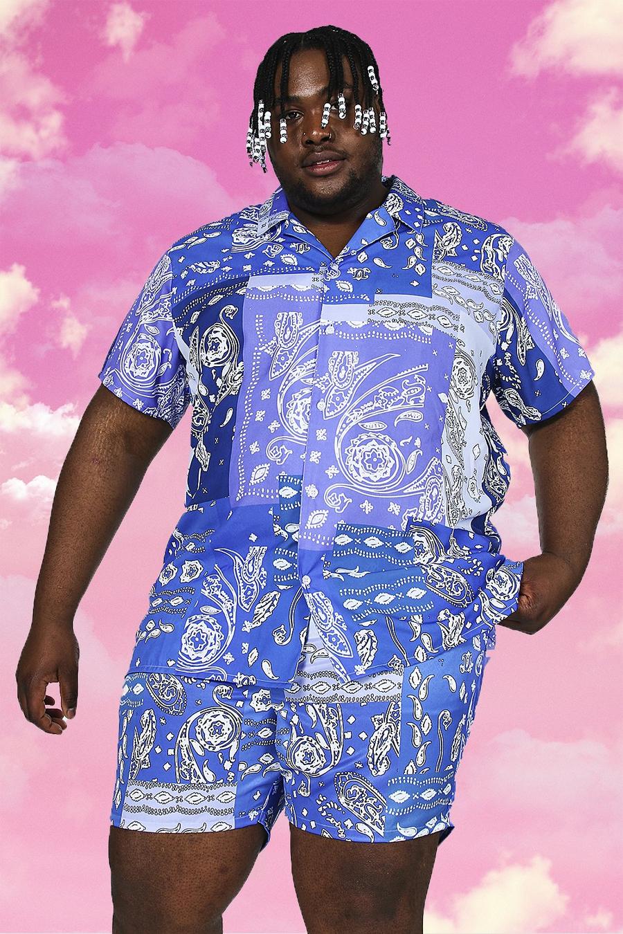 Blue Plus size - Kortärmad skjorta med bowlingkrage och bandanamönster image number 1