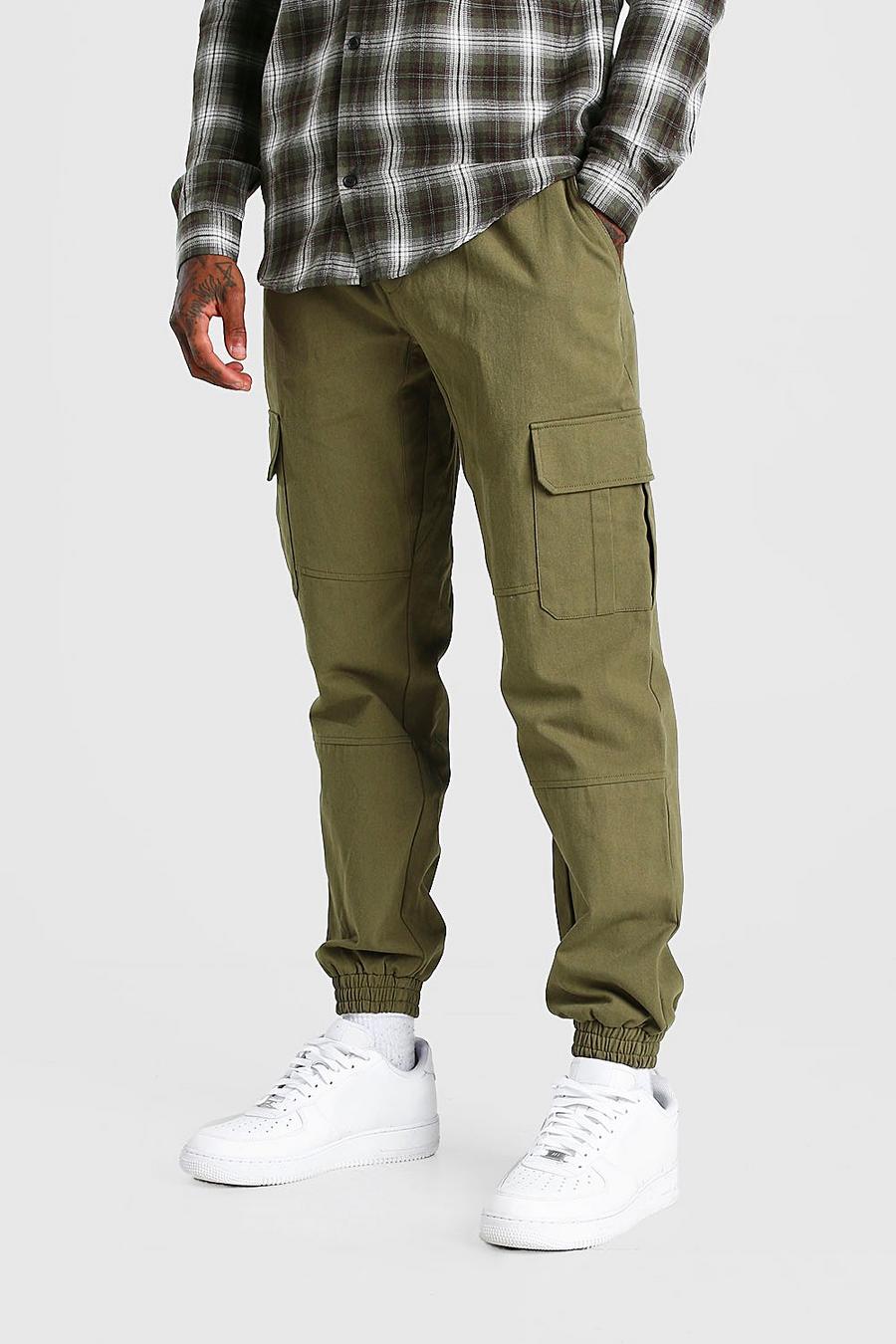 Pantalones skinny estilo militar de sarga con bajo doblado, Caqui image number 1