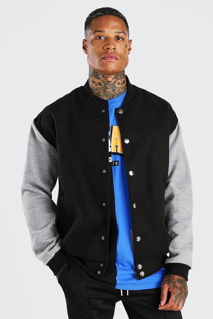 Black Melton Contrast Sleeve Oversized Varsity Jacket image number 1