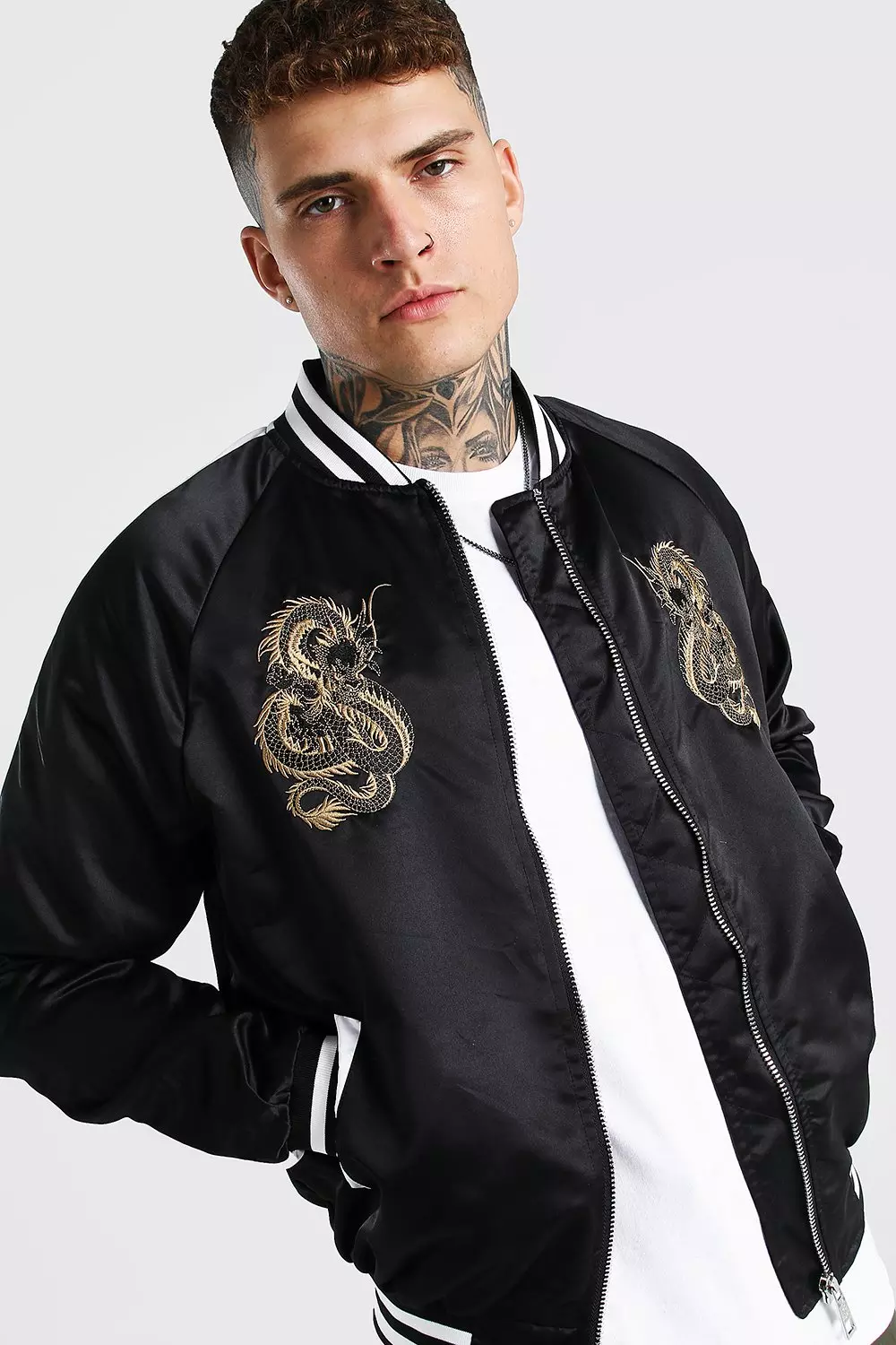 Embroidered satin bomber on sale jacket