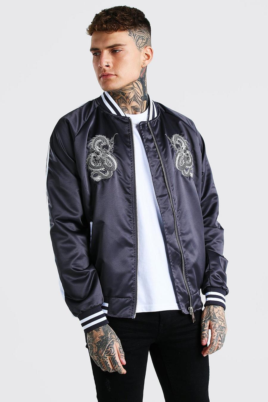 Charcoal Embroidered Satin Bomber image number 1