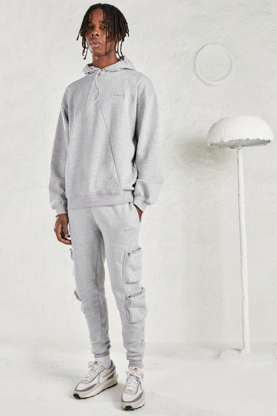 Grey marl MAN Oversize hoodie och joggers i utilitystil image number 1