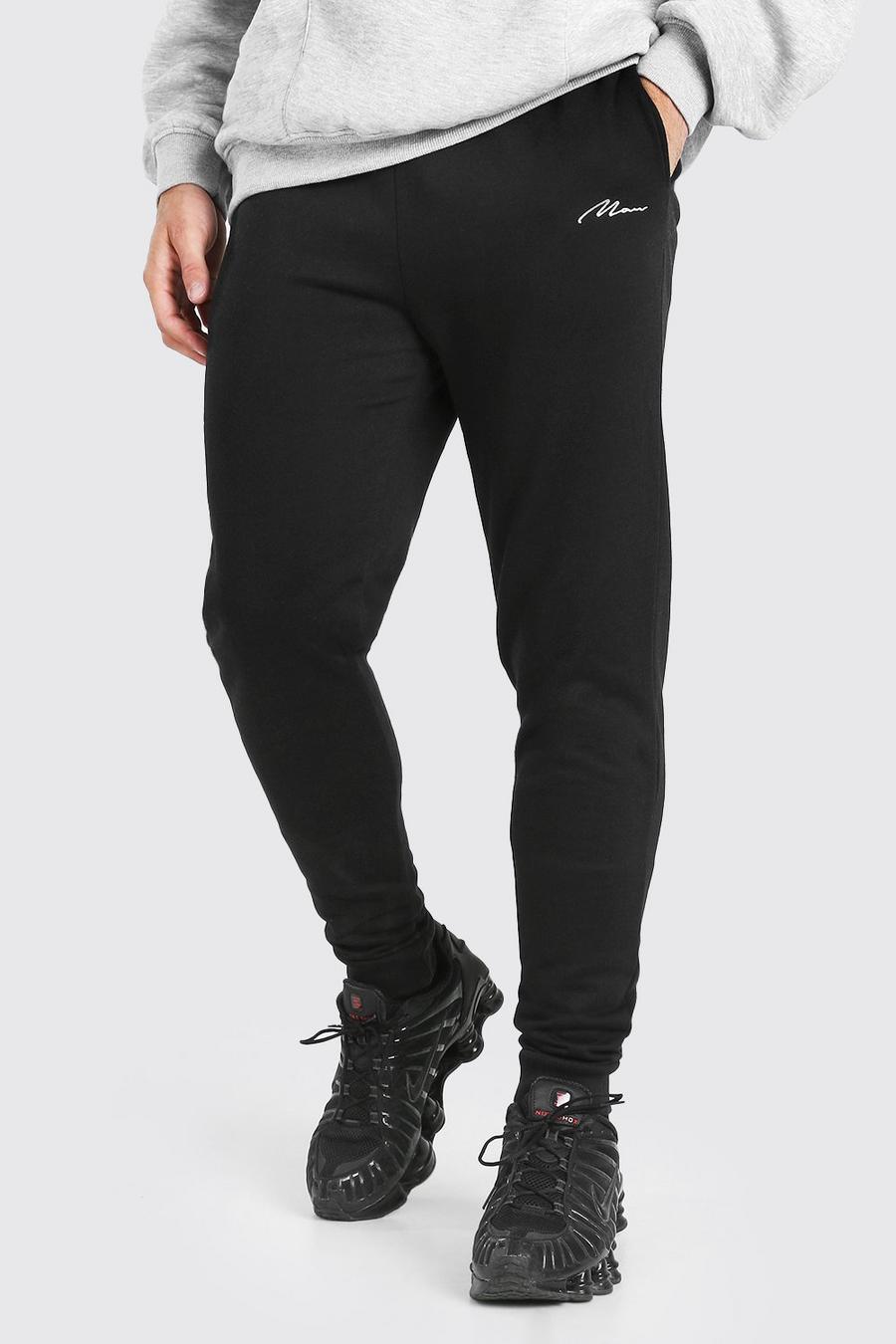Black Skinny Fit MAN Signature Embroidered Joggers image number 1
