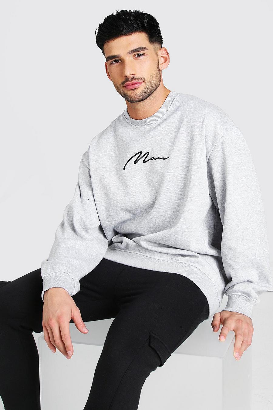 Oversized-Pullover mit MAN-Schriftzug, Grau meliert image number 1