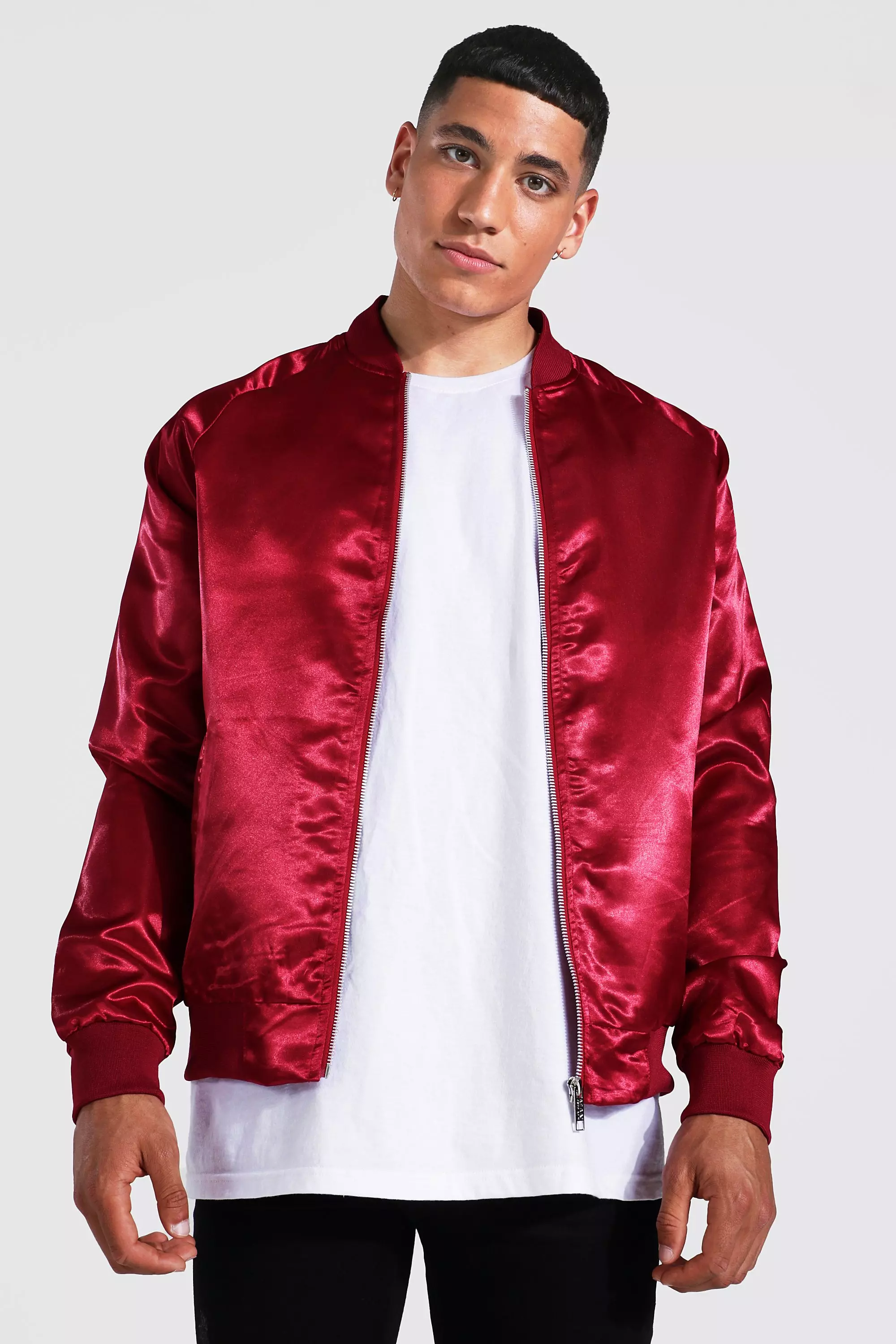 Red satin bomber jacket sale