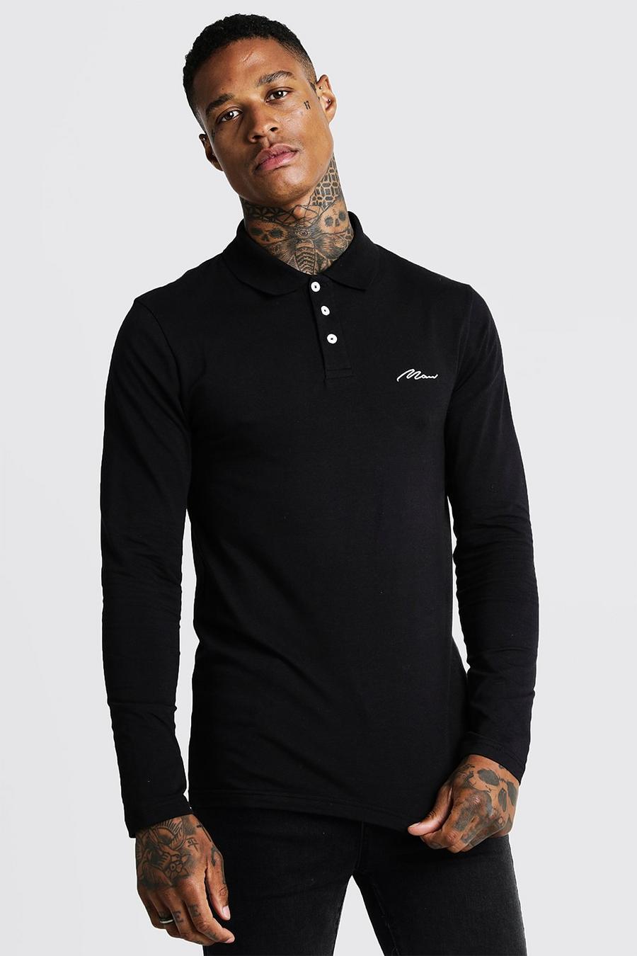 Black MAN Signature Muscle Fit Long Sleeve Polo image number 1