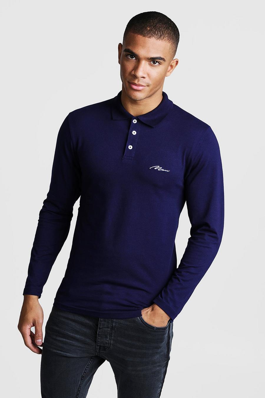 Navy MAN Signature Muscle Fit Long Sleeve Polo image number 1