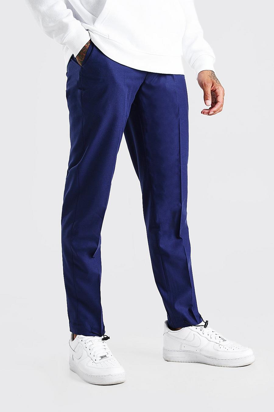 Pantalones elegantes slim con bajos elásticos lisos, Azul marino image number 1