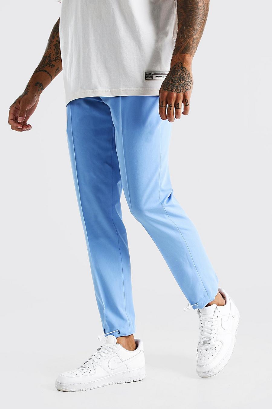 Blauw Effen Slim Fit Pantalons Met Elastische Enkelbandjes image number 1
