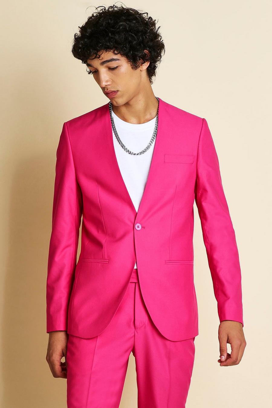 Pink Skinny Plain Collarless Suit Jacket image number 1
