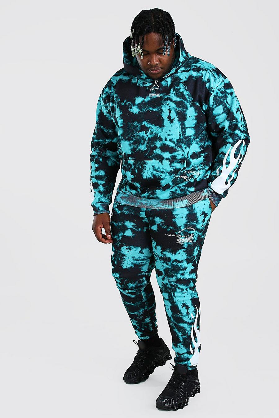 Green Plus Size Tie Dye Flame Print Tracksuit image number 1