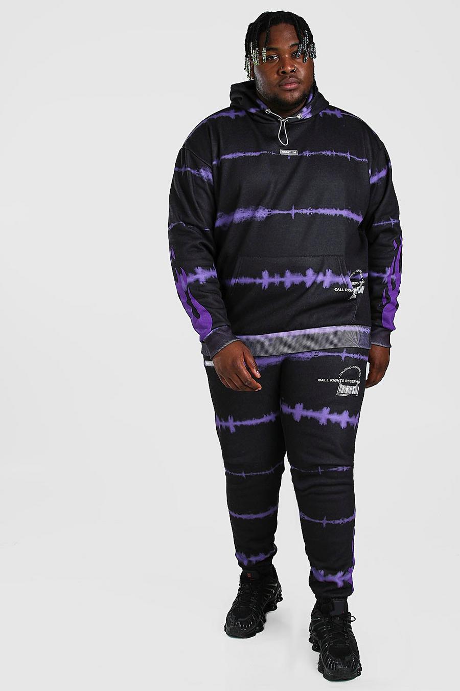 Plus Size Trainingsanzug in Batik-Optik mit Flammen-Print, Violett image number 1