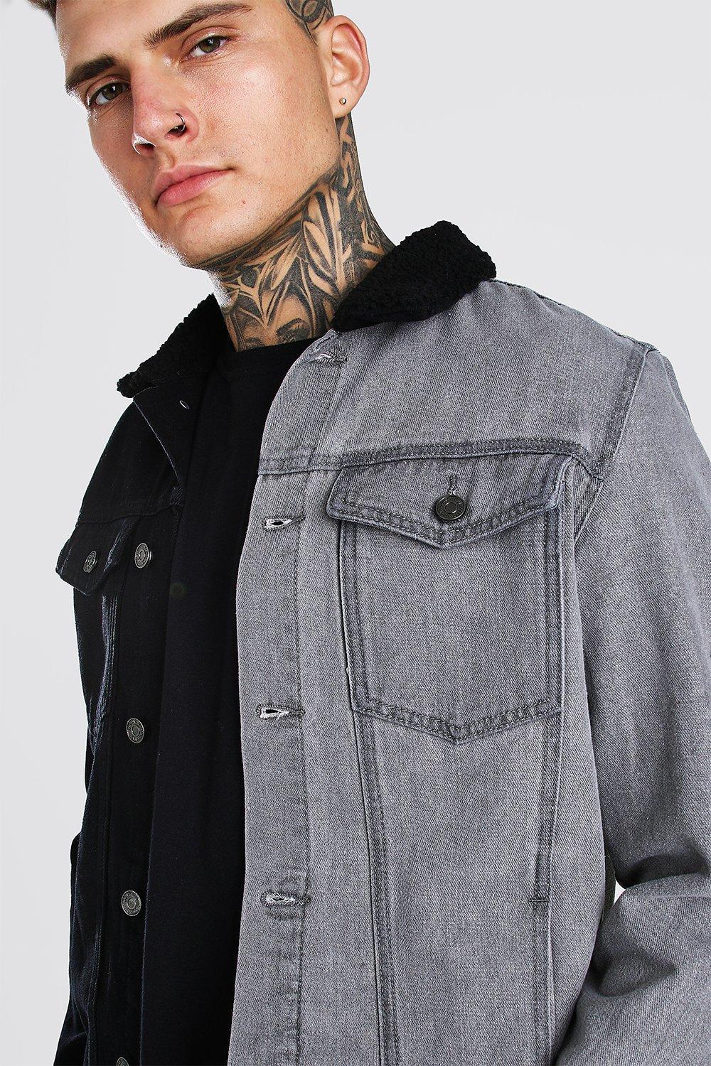 Grey denim jacket borg on sale collar