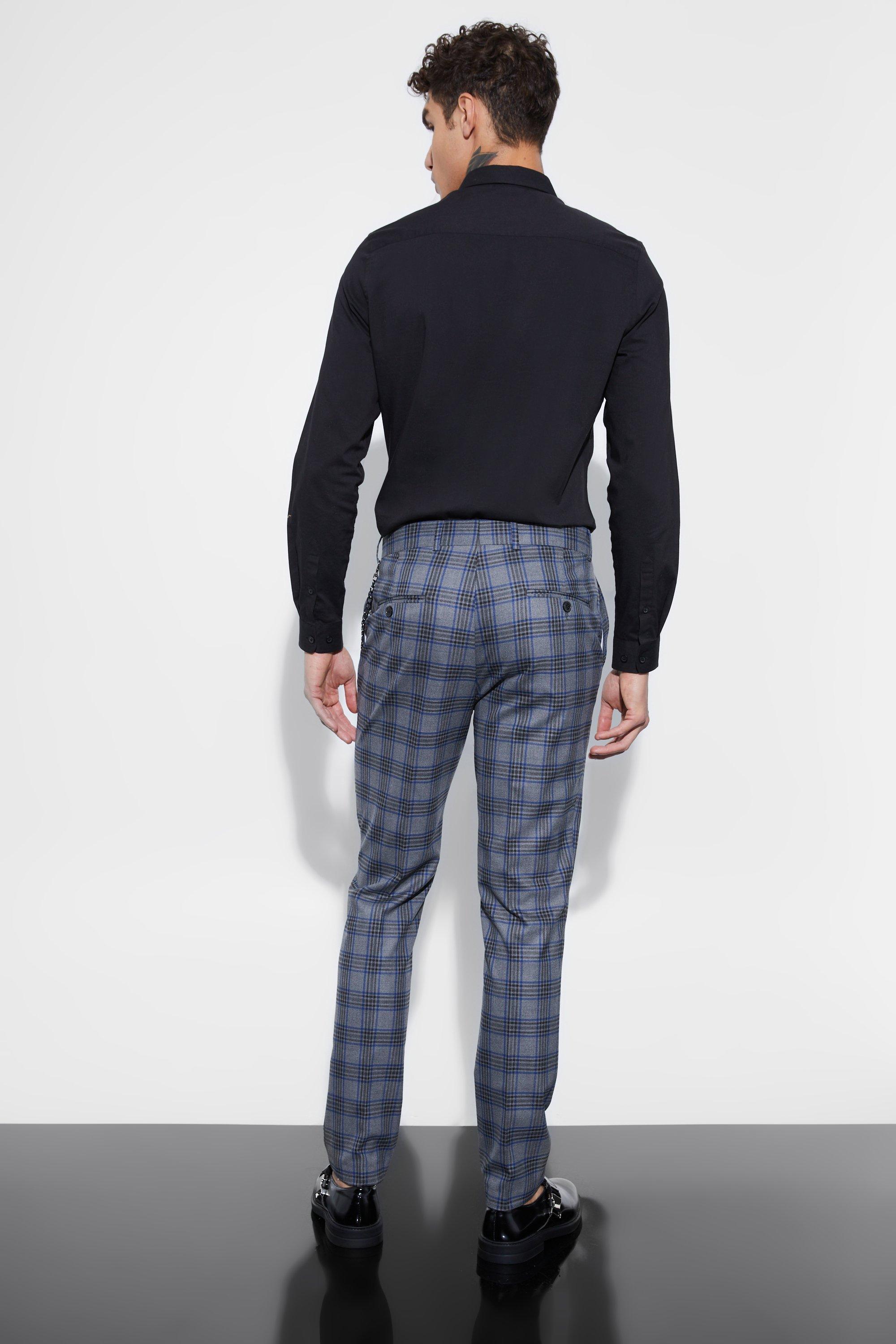 grey check trousers black shirt