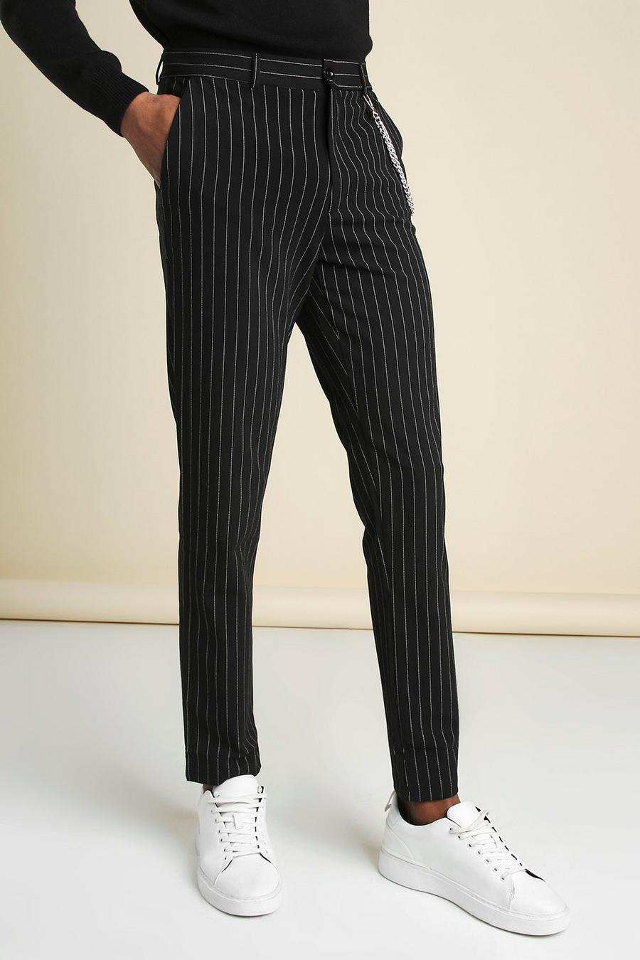 Pantalones elegantes con detalle de cadena a rayas, Negro image number 1