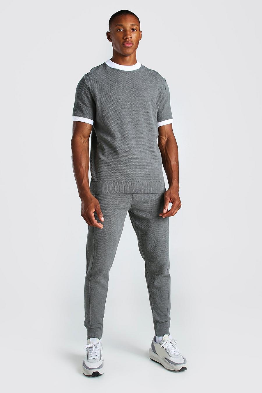 Grey Gebreid T-Shirt Met Biezen En Joggingbroek Set image number 1