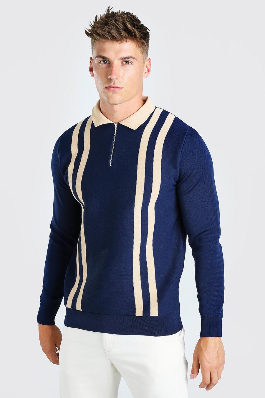 Langärmliges Strick-Poloshirt mit Kontraststreifen, Marineblau image number 1