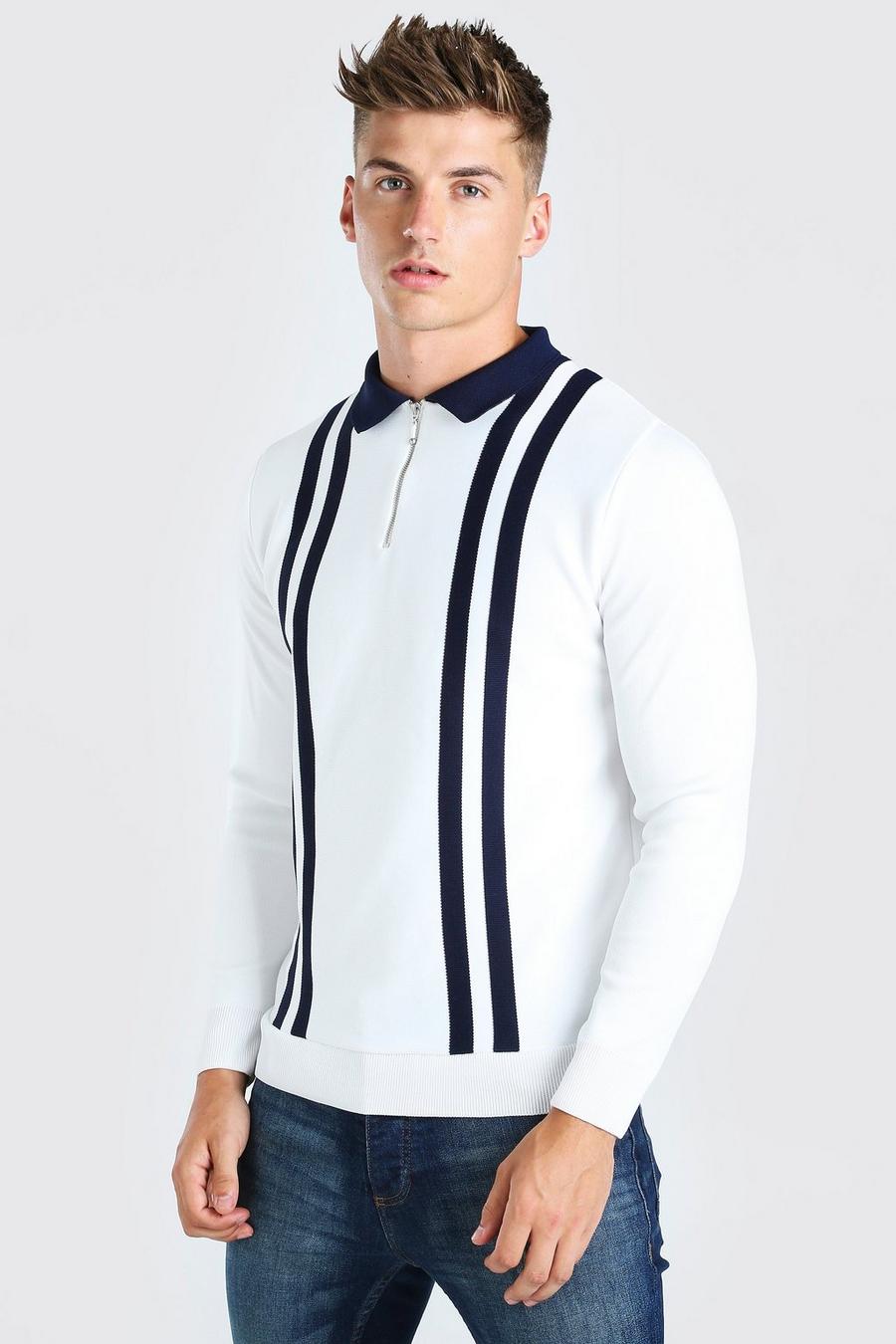 Langärmliges Strick-Poloshirt mit Kontraststreifen, Weiß image number 1