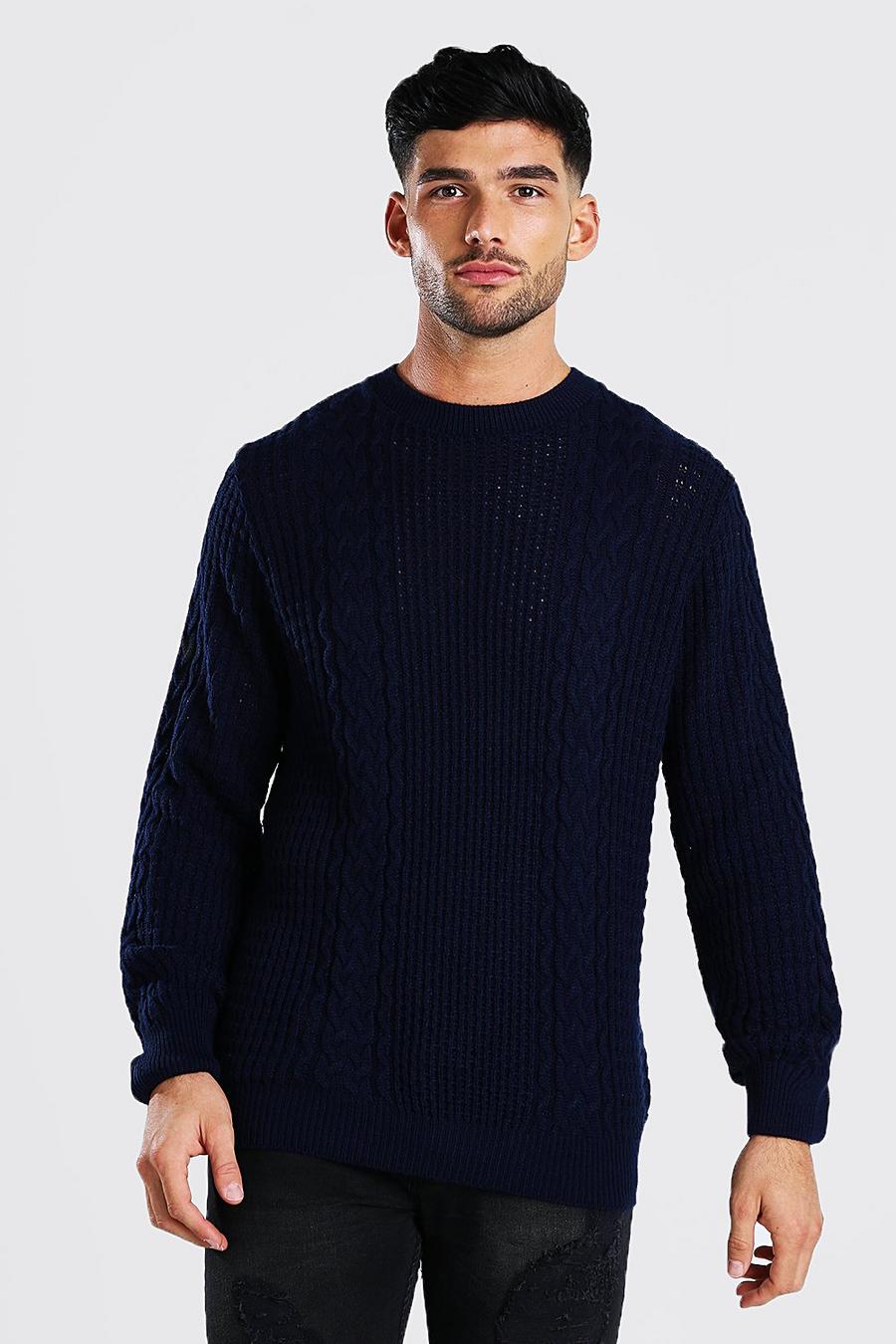 Navy Cable Knitted Crew Neck Jumper image number 1