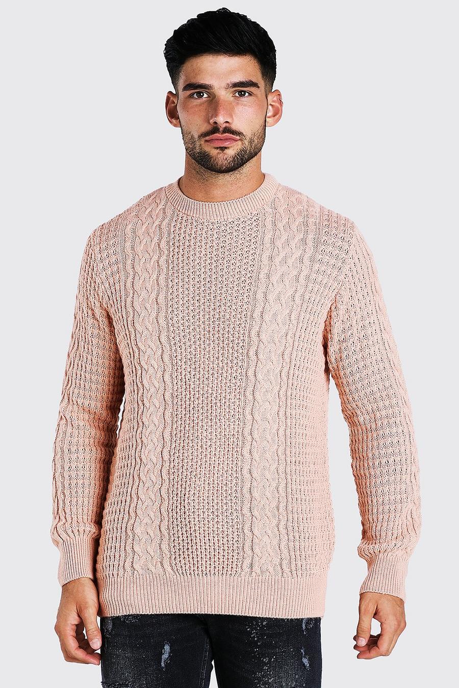 Pale pink Cable Knitted Crew Neck Jumper image number 1