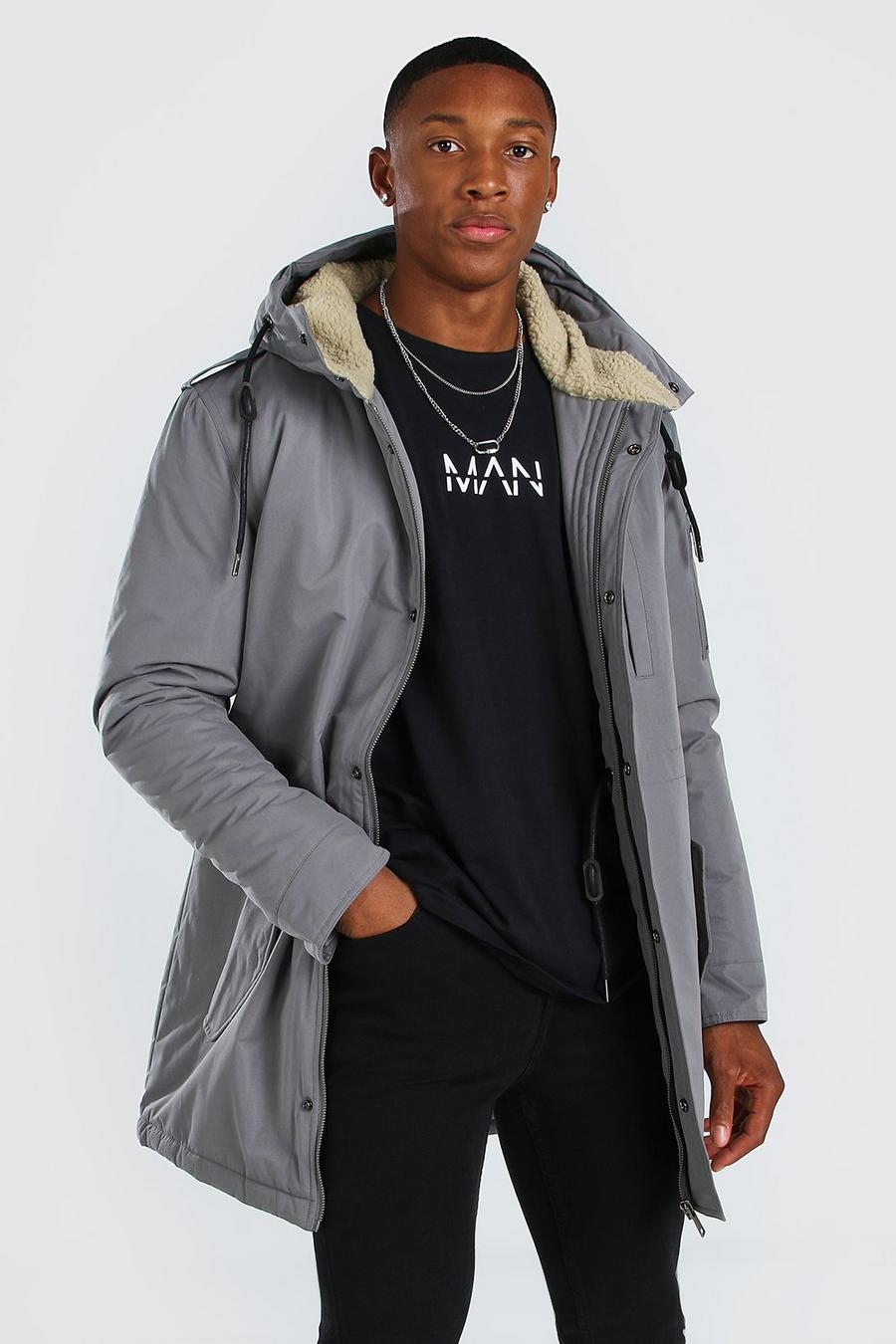 Grey Parka Coat With Borg Lined Hood image number 1