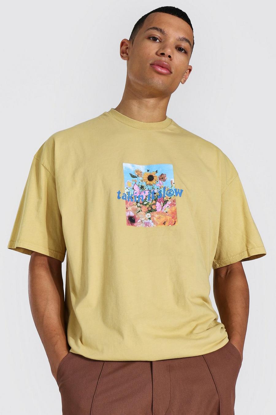 Yellow Tall Oversized Flower Graphic T-Shirt image number 1