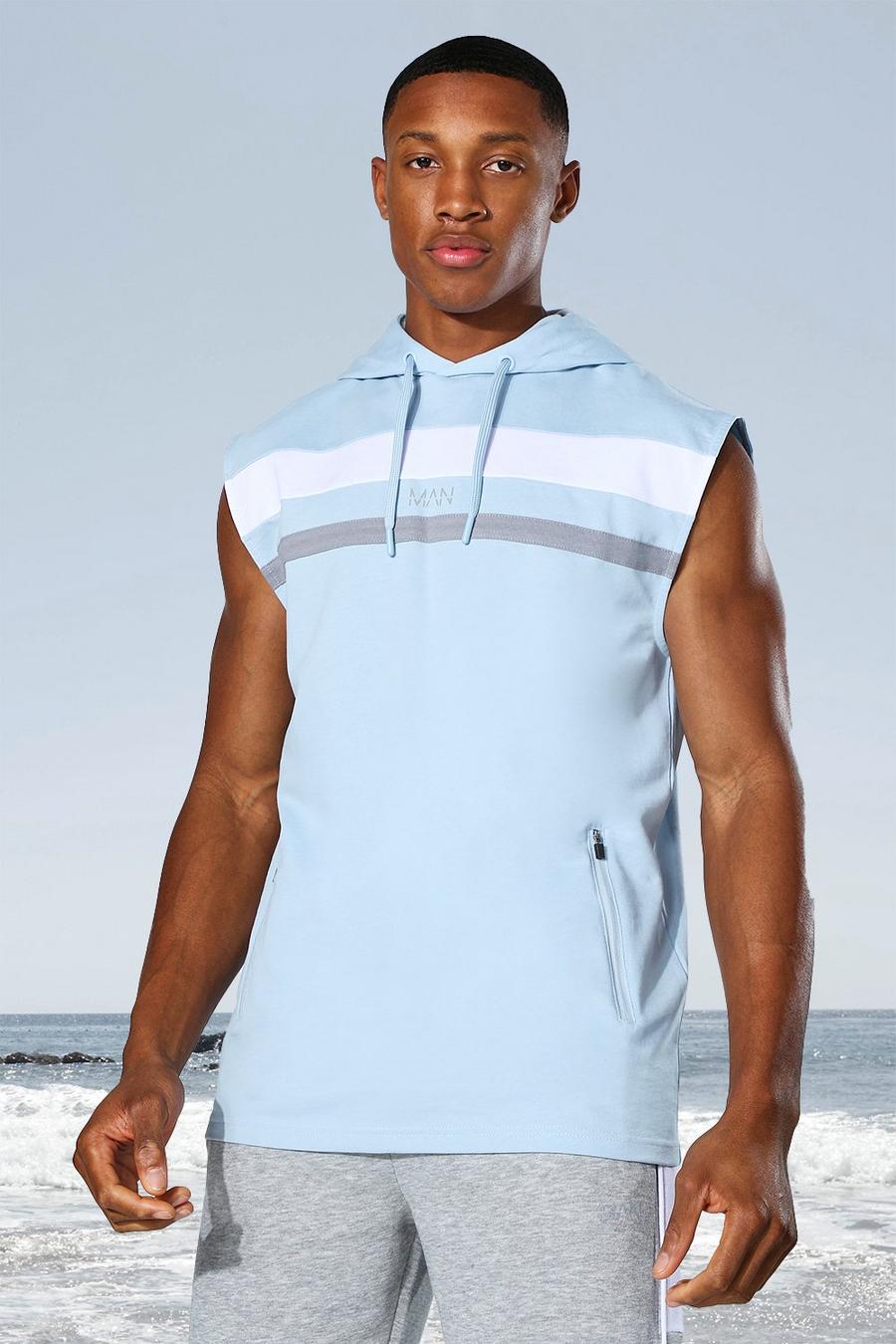 Pale blue Man Active Colour Block Sleeveless Hoodie image number 1