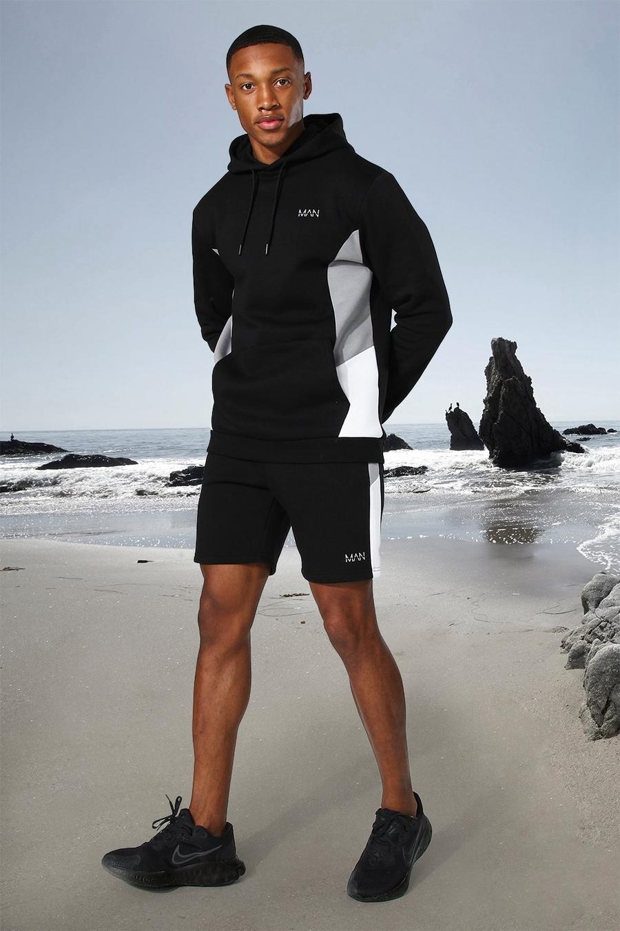 Black MAN Active Hoodie och shorts med blockfärger image number 1