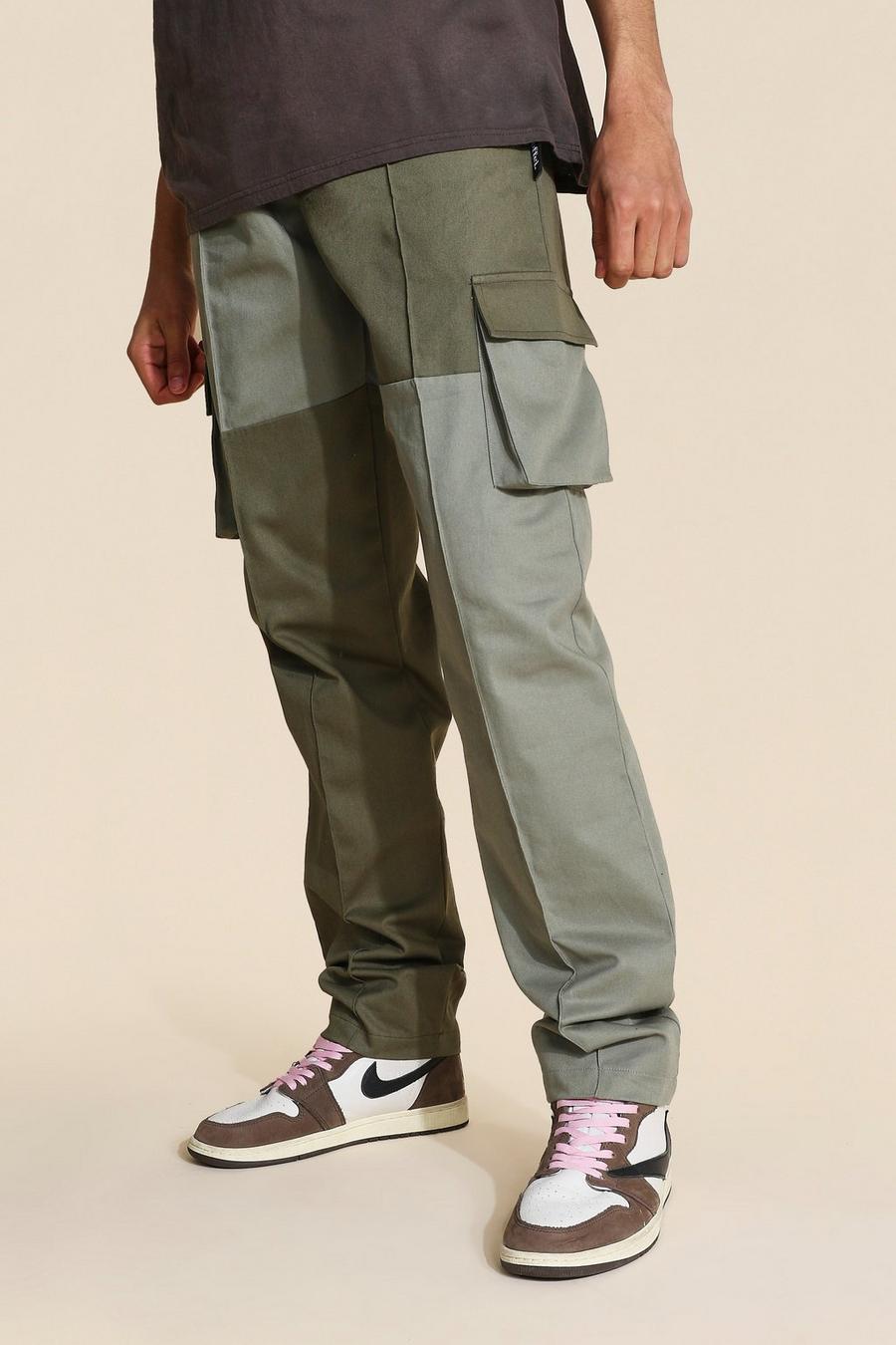 Khaki Tall Regular Patchwork Twill Cargo Trousers image number 1